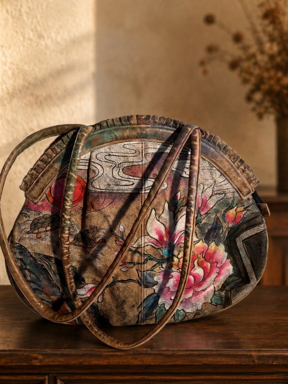 Vintage Hand Painted Leather Shoulder Bag Asian Floral Sea Turtles Art Tote